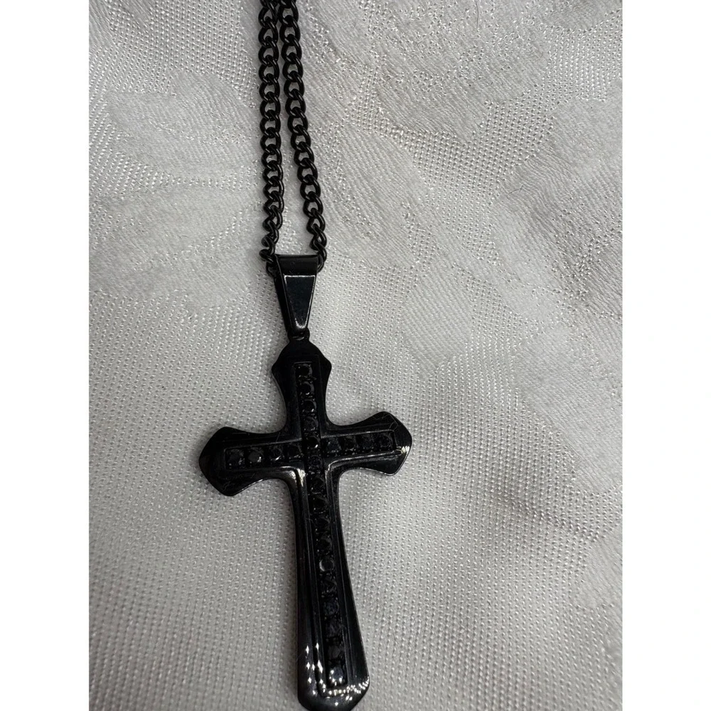 Black Stainless Steel Cross Pendant Necklace Mens Womens Religious Faith Jewelry
